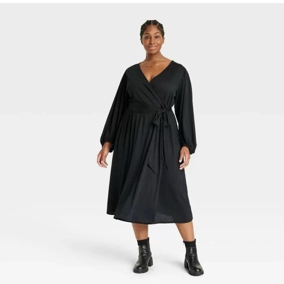 Ava & Viv Black Long Sleeve Wrap Midi Dress 2X Plus Size Tie Waist Stretch - Picture 1 of 7